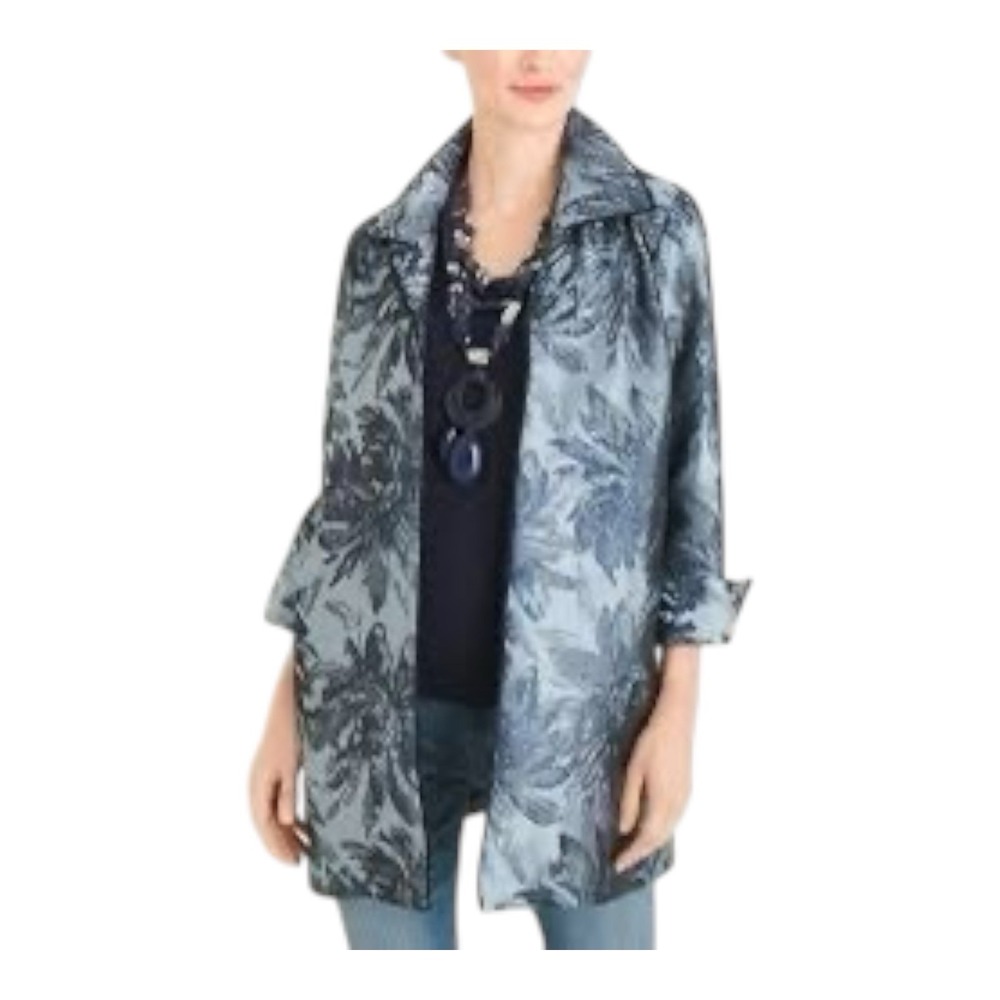 NWT Chico's Blue Floral Tonal Jacquard Metallic Indigo Long Jacket Blazer SM / 4